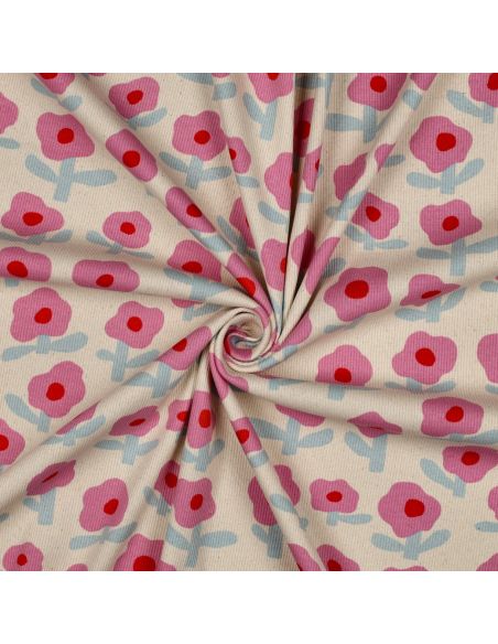 Tissu jersey coton maille côtelé Jennifer Bouron - Fleurs roses sur fond naturel
