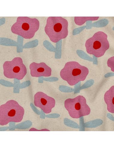 Tissu jersey coton maille côtelé Jennifer Bouron - Fleurs roses sur fond naturel