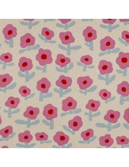 Tissu jersey coton maille côtelé Jennifer Bouron - Fleurs roses sur fond naturel