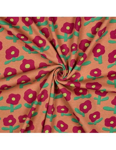 Tissu jersey coton maille côtelé Jennifer Bouron - Fleurs rouge sur fond melon
