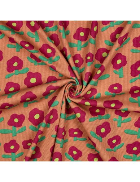 Tissu jersey coton maille côtelé Jennifer Bouron - Fleurs rouge sur fond melon