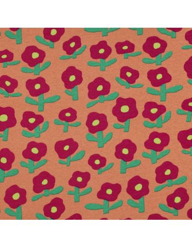 Tissu jersey coton maille côtelé Jennifer Bouron - Fleurs rouge sur fond melon