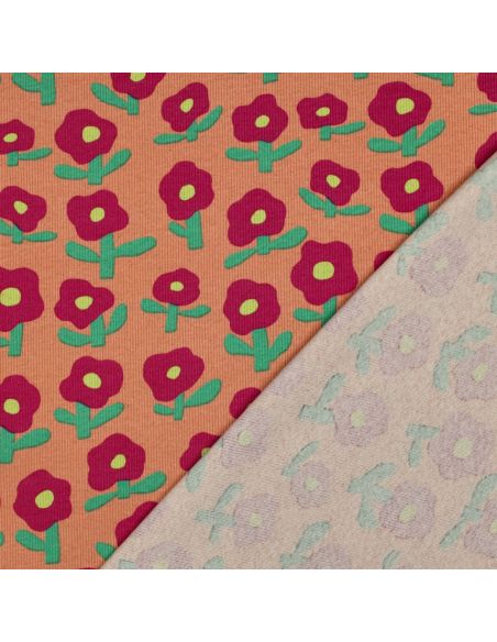 Tissu jersey coton maille côtelé Jennifer Bouron - Fleurs rouge sur fond melon