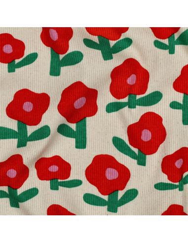 Tissu jersey coton maille côtelé Jennifer Bouron - Fleurs orange sur fond naturel