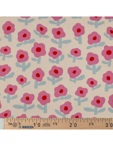 Tissu jersey coton maille côtelé Jennifer Bouron - Fleurs roses sur fond naturel