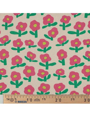 Tissu jersey coton maille côtelé Jennifer Bouron - Fleurs roses sur fond naturel