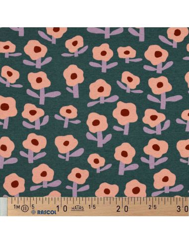 Tissu jersey coton maille côtelé Jennifer Bouron - Fleurs pêche sur fond vert