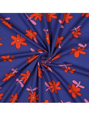 Tissu jersey imprimé Jennifer Bouron - Fleurs rouge sur fond bleu