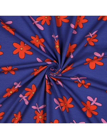 Tissu jersey imprimé Jennifer Bouron - Fleurs rouge sur fond bleu