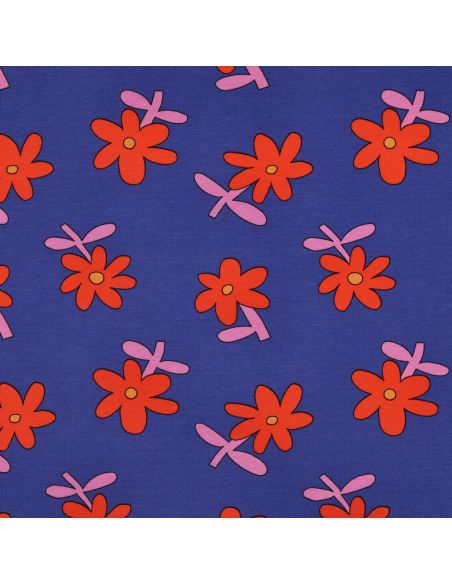 Tissu jersey imprimé Jennifer Bouron - Fleurs rouge sur fond bleu