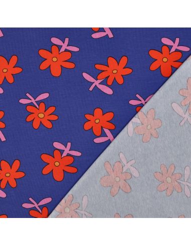 Tissu jersey imprimé Jennifer Bouron - Fleurs rouge sur fond bleu