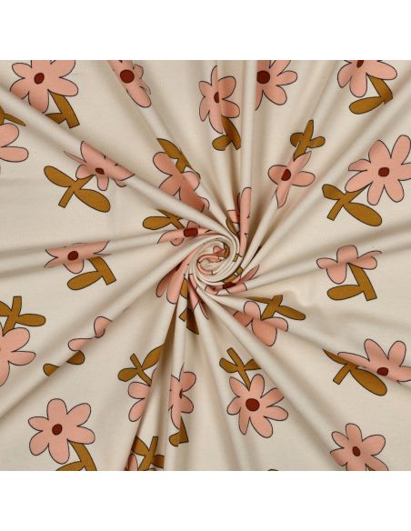 Tissu jersey imprimé Jennifer Bouron - Fleurs pêche sur fond naturel