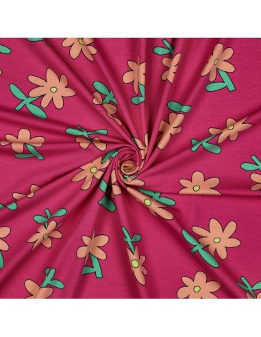 Tissu jersey imprimé Jennifer Bouron - Fleurs pêche sur fond fuchsia