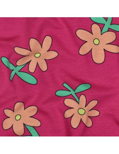 Tissu jersey imprimé Jennifer Bouron - Fleurs pêche sur fond fuchsia