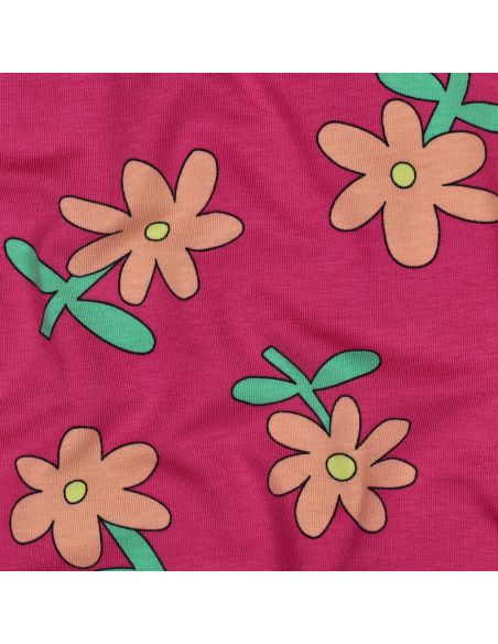 Tissu jersey imprimé Jennifer Bouron - Fleurs pêche sur fond fuchsia