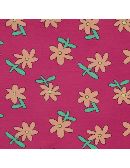 Tissu jersey imprimé Jennifer Bouron - Fleurs pêche sur fond fuchsia