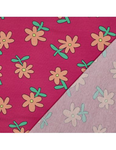 Tissu jersey imprimé Jennifer Bouron - Fleurs pêche sur fond fuchsia