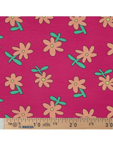Tissu jersey imprimé Jennifer Bouron - Fleurs pêche sur fond fuchsia