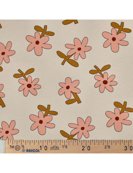 Tissu jersey imprimé Jennifer Bouron - Fleurs pêche sur fond naturel