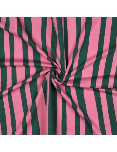 Tissu sweat Jennifer Bouron - Rayures vert herbe et roses