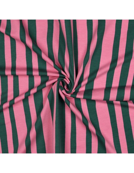 Tissu sweat Jennifer Bouron - Rayures vert herbe et roses