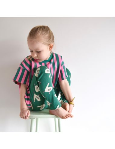 Tissu sweat Jennifer Bouron - Rayures vert herbe et roses