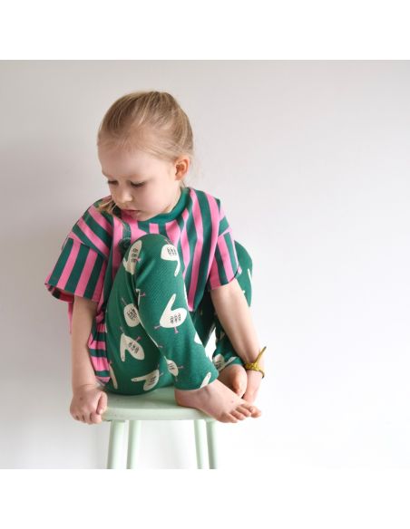 Tissu sweat Jennifer Bouron - Rayures vert herbe et roses