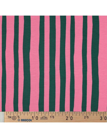 Tissu sweat Jennifer Bouron - Rayures vert herbe et roses