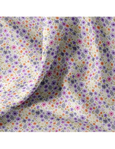 Tissu popeline de coton - Rozen blanc et violet