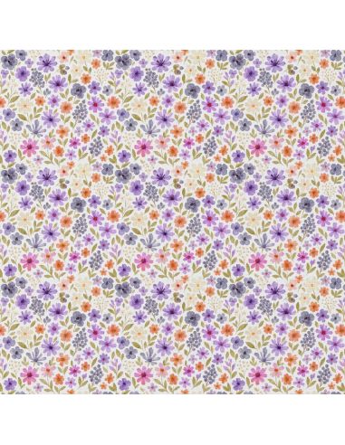 Tissu popeline de coton - Rozen blanc et violet