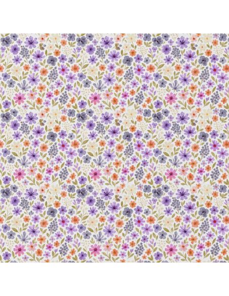 Tissu popeline de coton - Rozen blanc et violet