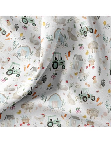 Tissu popeline de coton - Tracteur blanc et vert