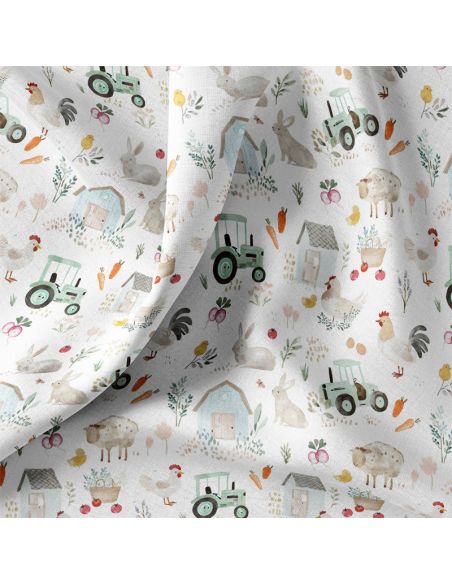 Tissu popeline de coton - Tracteur blanc et vert