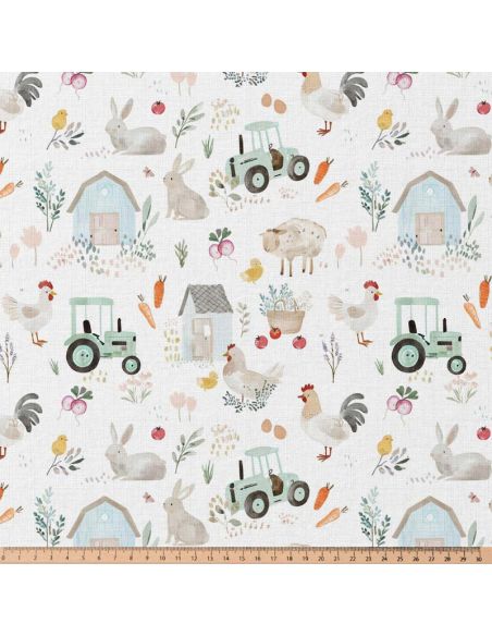 Tissu popeline de coton - Tracteur blanc et vert
