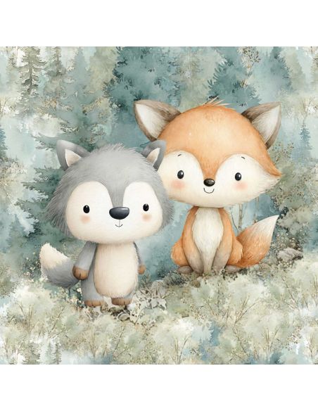 Panneau tissu sweat léger 40 cm x 50 cm - Loup et renard