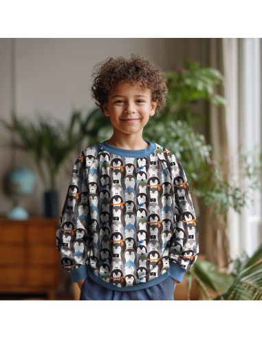 Tissu sweat digital - Manchot gris et noir