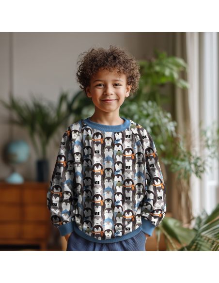Tissu sweat digital - Manchot gris et noir