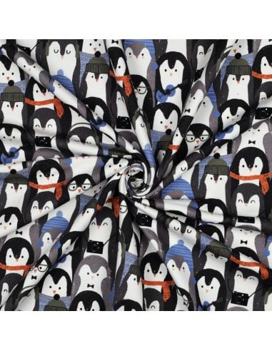 Tissu sweat digital - Manchot gris et noir