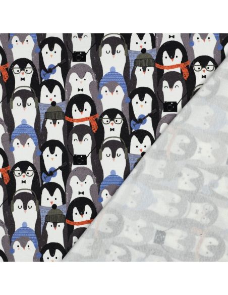 Tissu sweat digital - Manchot gris et noir