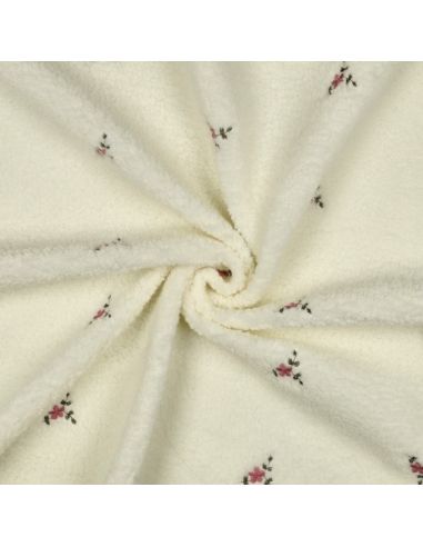 Tissu fourrure Teddy - Fleurs brodées fond écru
