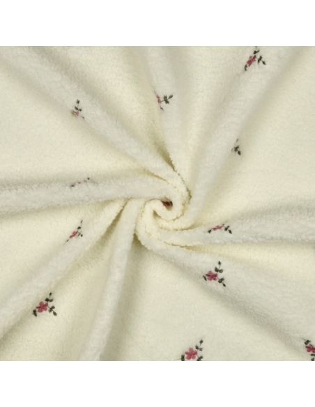 Tissu fourrure Teddy - Fleurs brodées fond écru