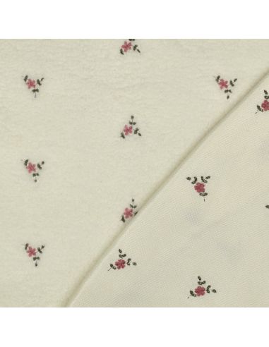 Tissu fourrure Teddy - Fleurs brodées fond écru