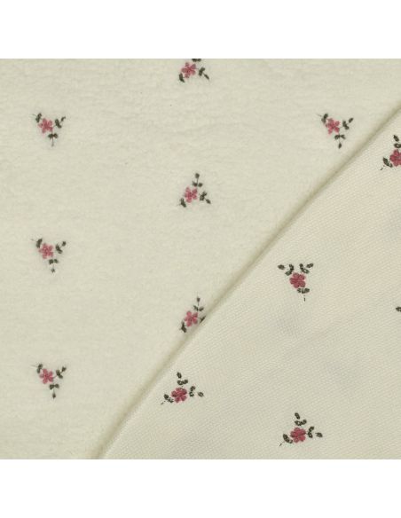 Tissu fourrure Teddy - Fleurs brodées fond écru