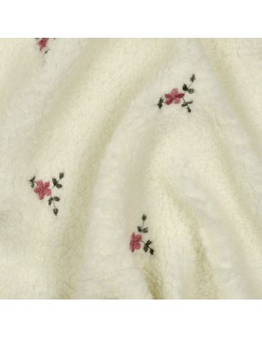 Tissu fourrure Teddy - Fleurs brodées fond écru