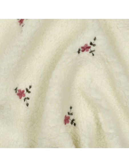 Tissu fourrure Teddy - Fleurs brodées fond écru