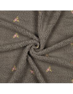 Tissu fourrure Teddy - Fleurs brodées fond gris