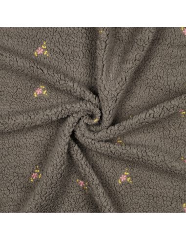 Tissu fourrure Teddy - Fleurs brodées fond gris