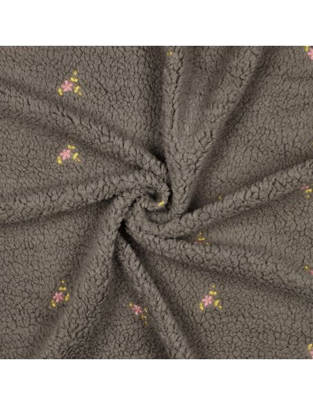 Tissu fourrure Teddy - Fleurs brodées fond gris