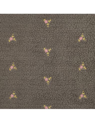 Tissu fourrure Teddy - Fleurs brodées fond gris