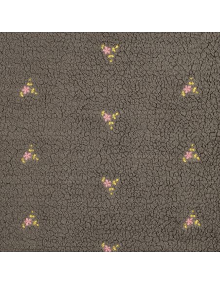 Tissu fourrure Teddy - Fleurs brodées fond gris